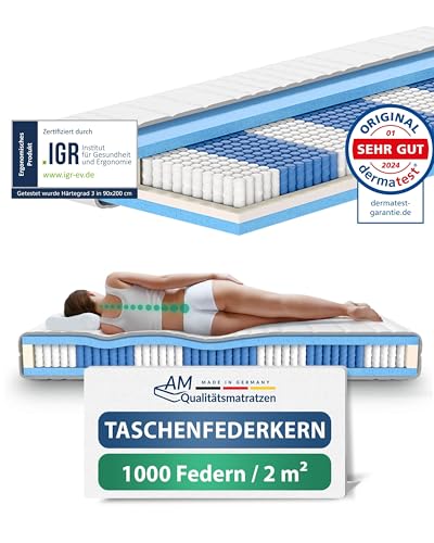 AM Qualitätsmatratzen Deluxe Taschenfederkernmatratze 90x200cm H3 24cm - Made in Germany & Oeko TEX Siegel - Federkernmatratze 90x200 mit 1000 Federn...
