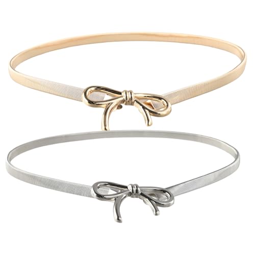 2 Pcs Skinny Waist Belts for Women, Gold and Silver Metal Elastic Waistband, Adjustable Stretchy Thin Chain Belt with Bow-Knot for Women Dresses Formal Jeans Shirt