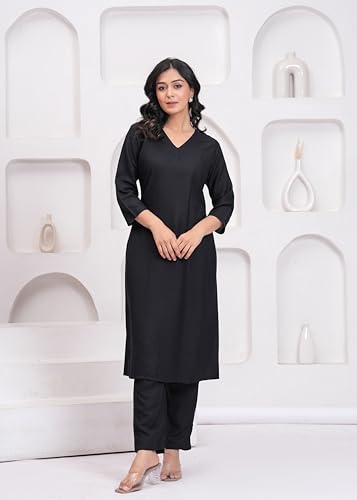 Image of ANILINE Women's Rayon Solid plain v neck kurta Trouser /Pant set