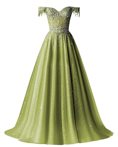 Off Shoulder Beaded Prom Dresses Sparkly Tulle Ball Gown Flowy A Line Formal Evening Dress