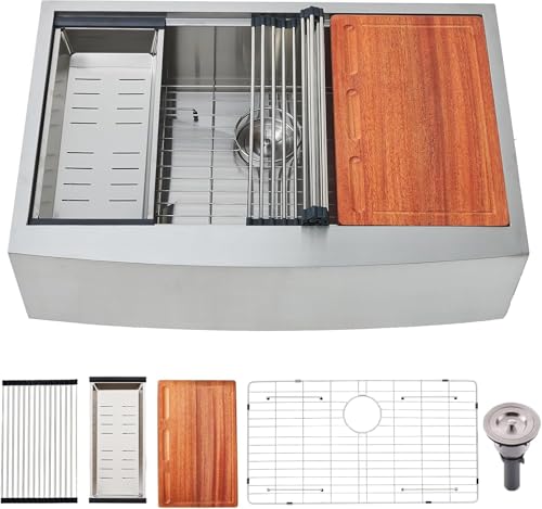 Farmhouse-Sink-33-Inch-33x22-Inch-Apron-Front-Farmhouse-Kitchen-Sink-16-Gauge-Stainless-Steel-Undermount-Ledge-Workstation-Deep-Single-Bowl-Luxury-Rustic-Farm-Sink-with-All-Accessories Farmhouse Sink 33 Inch 33×22 Inch Apron Front Farmhouse Kitchen Sink 16 Gauge Stainless Steel Undermount Ledge Workstation Deep Single Bowl Luxury Rustic Farm Sink with All Accessories
