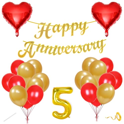 Image of Flyloons 5th Happy Anniversary Decoration Items Red Gold for Men Women Husband Wife Mom Dad Parent Couple Home Bedroom Car With 20 Pcs Metallic Balloons Anniversary Banner 2 Pcs Heart Set Kit