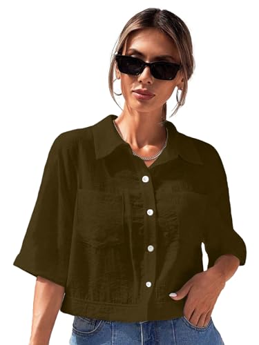 Image of TOPLOT V-Collar Solid Crop Shirt for Women with Half Sleeves, Polyester, Regular Fit