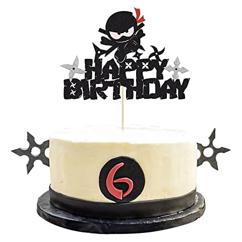 1Pc Ninja Happy Birthday Cake Topper Black Glitter Martial Arts Cake Decorations Karate Kung Fu Warriors Pick Ninja Theme Baby Shower Kids Birthday Party Cake Decorations Supplies Cover