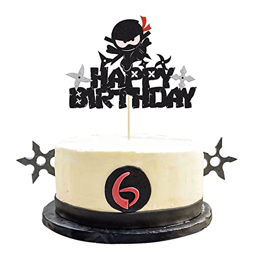 1Pc Ninja Happy Birthday Cake Topper Black Glitter Martial Arts Cake Decorations Karate Kung Fu Warriors Pick Ninja Theme Baby Shower Kids Birthday Party Cake Decorations Supplies