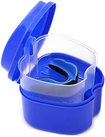 YDongDark Blue Denture Case, Denture Cup with Strainer, Denture Bath Box False Teeth Storage Box with Basket Net Container Holder for Travel
