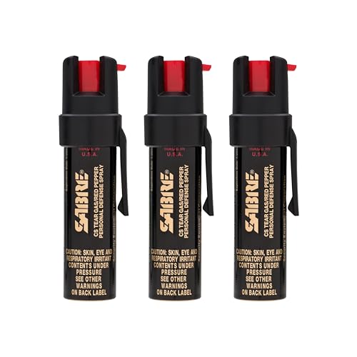 SABRE 3-in-1 Compact Defense Spray – Pepper Spray, Tear Gas & UV Dye, Max Police Strength, Belt Clip for Quick Access, 4X Longer Spray Time (Up to 13 Seconds), 0.67 fl oz, Secure & Easy Safety