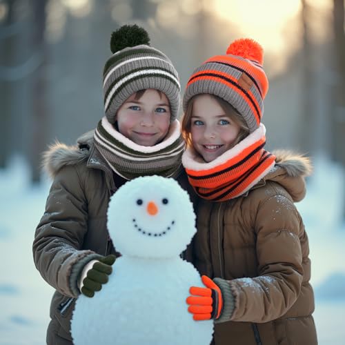 Image of Kids Winter Hat Gloves Scarf Set: Girls Boys Beanie Fleece Lined Ages 6-10