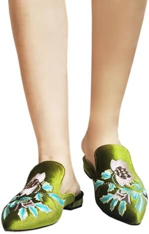 Emiwey Women's Green Velvet Backless Slip On Loafers Flats Embroidery Mule Slippers Shoes 8.5 M US | Image 5
