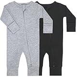 GUISBY Cotton Sleepers Footless Pajamas with Zipper and Mittens Long Sleeve Rompers for Baby Black+Grey Newborn