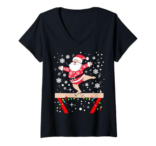 Donna Divertente ginnasta Natale luci Babbo Natale ginnastica Natale Maglietta con Collo a V