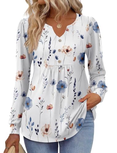 Image of Zeagoo Womens Long Sleeve Tops Fall V Neck Shirt Casual Pleated Tunic Top