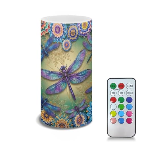 Image of Poceacles Flameless Candle Battery Powered with Remote Control 12 Colors 4 /8 Hours Timer LED Night Lights Pillar Candle Tealights Home Indoor Decor, Boho Floral Dragonfly Blue