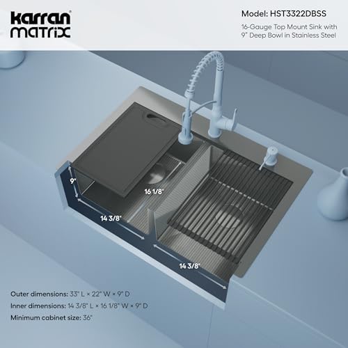 Image of Karran Matrix 33 inch Top Mount Workstation Kitchen Sink, Double Bowl, 16 Gauge Stainless Steel, Includes Cutting Board, Drying Mat & Basket Strainers