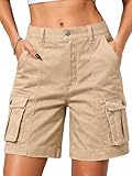 ELLEVEN Cargo Shorts Women High Waisted Bermuda Knee Length Cotton Long Y2K 7 Inch Inseam Summer Hiking Shorts with Pockets Khaki Medium