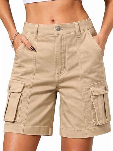 ايليفين شورت برمودا كارجو للنساء، شورت بخصر مرتفع مرن و6 جيوب بطول 7 انش، شورت صيفي كاجوال للنساء، كاكي، مقاس M