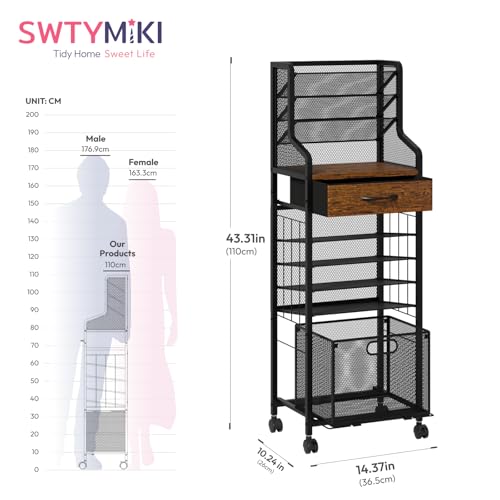 SWTYMIKI 10-Tier Rolling File Cart - Mesh Paper Organizer with Drawer & Hanging File Folders on Lockable Wheels, Rolling File Cabinet for Office Organization, Storage in Home, Studio, School, Espresso