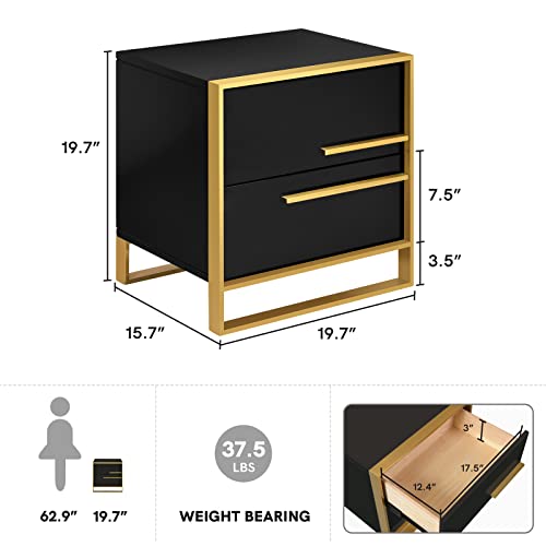 Hernest Modern Nightstand Storage Cabinet With Solid Wood 2 Drawers Sofa Bedside End Table Glam Steel Frame Accent Furniture Without Assembly For Bedroom/Living Room/Salon/Office, Right,Black #TOP1