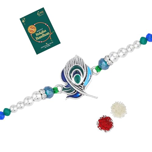 Estele - Rakhi for Bhaiya: Silver Oxidized Plated Peacock Feather Single Premium Krishna Rakhi with Roli Chawal & Greeting Card for Men|Embrace Protection and Elegance this Raksha Bandhan (B0DBV63F7Z) Amazon Price History, Amazon Price Tracker