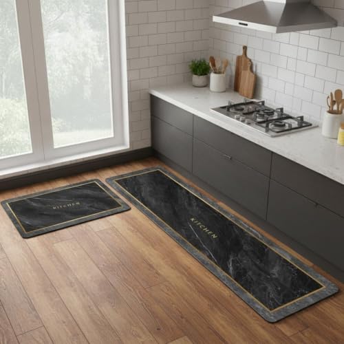 Image of VANZAVANZU KIMEE Kitchen Rug Set, 2-Piece Cushioned Non-Slip Floor Mats and Runner Set, Waterproof Rubber Standing Comfort Mats for Floor Sink and Laundry Room