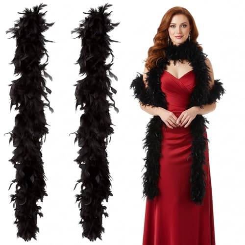 JcvPot Federboa Schwarz, 2m Lange Schwarze Federn, Elegantes Accessoire für Partys, Hochzeiten, Konzerte, Bühnenauftritte und Dekoration, Federboa...