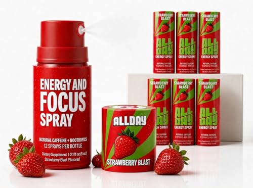 ALLDAY Focus + Energy Spray | Natural Caffeine + L-Theanine + Essential Vitamins | 0 Calorie 0 Sugar | 12 Spray Bottle | Faster Cleaner Smoother Energy* (6 Pack Strawberry Blast)