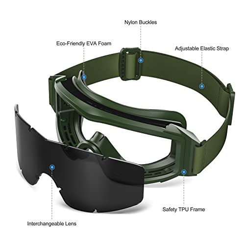 Image of xaegistac Tactical Goggles Anti fog-Airsoft Tactical Glasses | with Interchangeable Lenses,Ballistic Military Goggles for Shooting Hunting Outdoor Sports