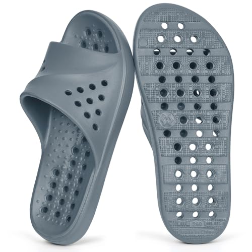 KUKTO Shower Shoes for Womens Mens Massage Pool Slides with Arch Support Quick Drying Beach Sandals Non Slip Summer Bathroom Indoor House Slippers with Drain Holes,Grey,250 US 7-8 Women/6-6.5 Men