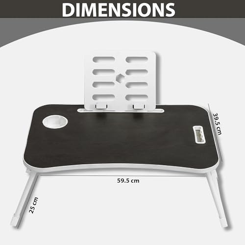 Image of Callas Multi-Purpose Laptop Table with | Cup Holder | Drawer | Mac Holder | Study Table /Bed Table /Breakfast Table /Foldable and Portable Wooden Table | with Book Rack (WA-40-Black)