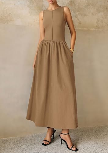 Image of PRETTYGARDEN Maxi Dresses for Women 2026 Summer Casual Sleeveless Patchwork Flowy Vacation Sundress Knit Long Work Tank Dress