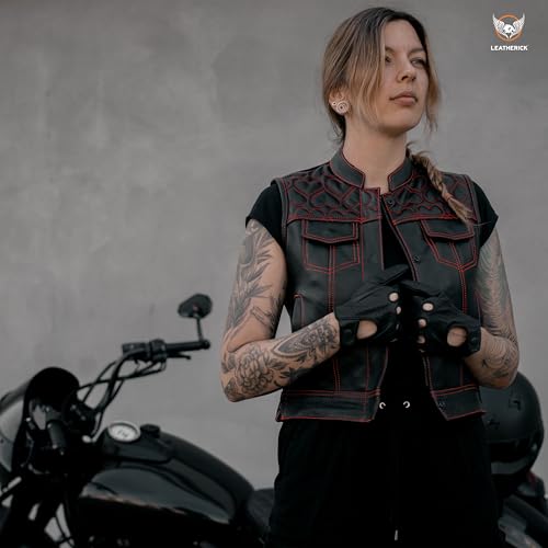 Leatherick Coletes femininos de couro bovino – com zíperes laterais e forro paisley, costura de cora