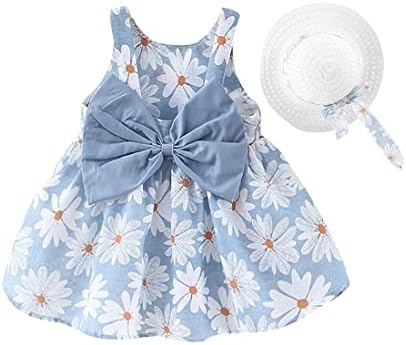 Baby Girl One-Piece Floral Dress with Lace Straw Hat Princess 2PCS Sleeveless Summer Skirt Clothes Set