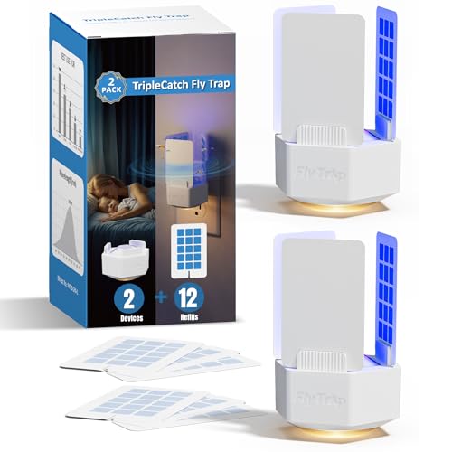 Pexpel Indoor Plug-in Fly Trap, 2-in-1 Gnat and Flying Insect Killer with 3-Sided Sticky Glue Board, UV Light and Night Light Function (2, White)