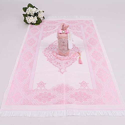 Islamic Elite Favors Personalized Muslim Lightweight Travel Prayer Rug Beads Set, Prayer Mat Tasbeeh Set, Ramadan Eid Hajj Umrah Wedding Birthday Graduation Mother's Day (Pink)