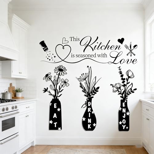 This Kitchen is Seasoned with Love Farmhouse Kitchen Wall Decals - EAT Drink Enjoy Floral Vase Stickers with Heart & Spice Design Removable Vinyl Art Decor for Dining Room Coffee Bar Home Kitchen