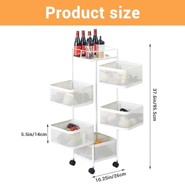 Kitchen Storage Cart, Rotating Kitchen Storage Rack, 5-Tier Fruit Basket Rolling Carts with Wheels, Utility Kitchen Organizer and Storage Cart for Fruit Potato Onion Vegetable Snack-Vqd6PgRe