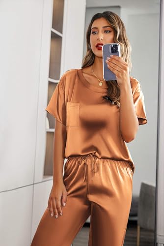 Image of Ekouaer Womens Satin Silky Pajama Set Short Sleeve Shirt with Long Pajama Pant Set Soft PJ Loungewear