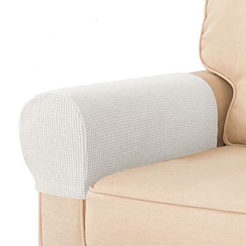 CHUN YI 2 Piezas Funda para Reposabrazos de Sofá Protector, Jacquard de Tela Spandex, Funda de Brazo Lavable con Funda de sofá (Blanco Marfil)