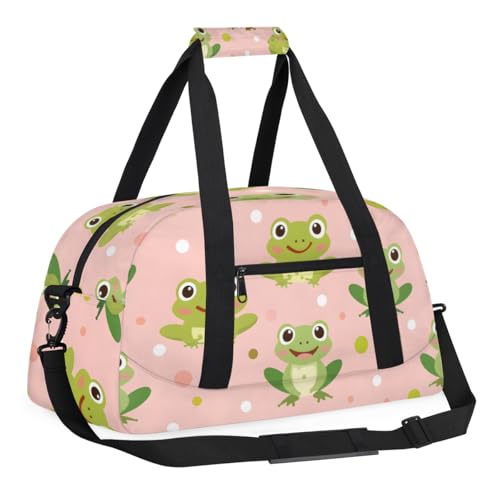 Funny Green Frog Gym Travel Duffle Bag for Boys - Gymnastics Sports Dance Bag with Front Zipper Pocket for School Practice or Overnight Travel Weekender Sleepover Tote Bag Cute Frog Print