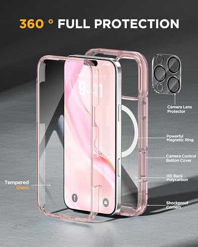 Image of Miracase for iPhone 16 Pro Case Full-Body Phone with Built-in Glass Screen Protector, [Compatible with MagSafe] Military Drop Proof 16 Pro Cover Bumper 6.3 inch, Clear Pink