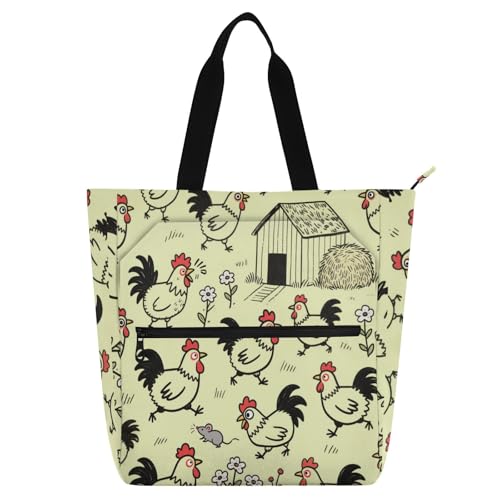 Book Tote Bag for Boys Girls Women,Cute Farm Chicken Cartoon Lightweight Library Book Tote Bag Shoulder Bag with Pockets for School Work Travel