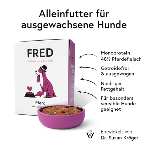 FRED Nassfutter Hund Pferd mit Süßkartoffeln – Monoprotein – 48 % Pferdefleisch in Lebensmittelqualität – Getreidefrei – hypoallergen – für Sensible Hunde – 190g Tetra Pak