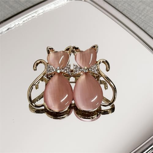 Image of Pink Heart Cat Animal Rhinestone Brooch Pin for Women Girls Gold Plated Fashion Crystal Love Hearted Cat's Eye Couple Kitten Brooches Lapel Pins Cute Dress Accessories Birthday Holiday Jewelry Gift