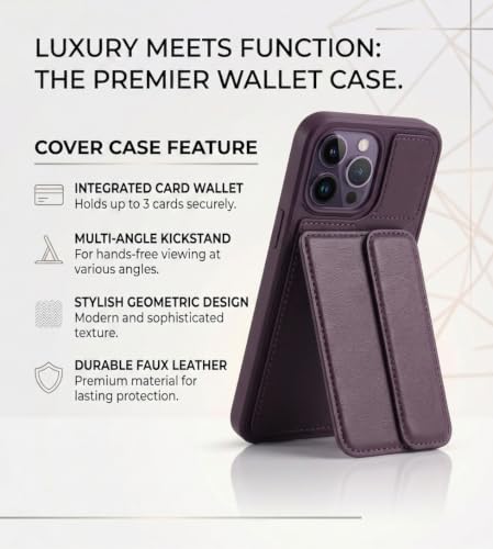 Image of amazon basics Luxury Vegan Leather Back Cover for iPhone 14 Pro | Built-in Card Holder Slot | Integrated Mobile Stand | Slim Shockproof Protective Case with Stitched Finish - Purple