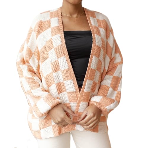 Image of Womens Checkered Cardigan Sweater Loose Long Sleeve Open Front Sweater Knit Coat Casual Oversized Plaid Cardigan Tops
