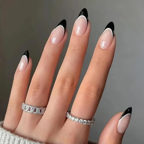 French Tip Press-on Nails - Medium Almond Shaped, Glossy Black Wi...