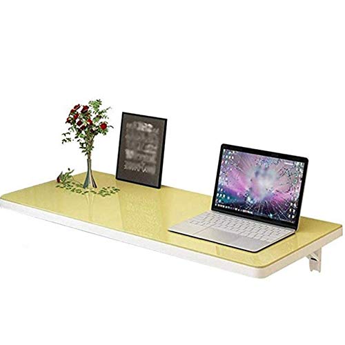 Bureau mural pliable bois massif, table pliante et support lecture jaune - 2