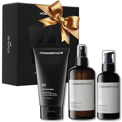 HommeFace Men’s Daily Trio 3-Step Daily Routine Set with Face Wash, Herbal Spray Toner & Moisturizer - Korean Skincare Technology with CICA, Tea Tree Leaf & Witch Hazel Extracts, for All Skin Types