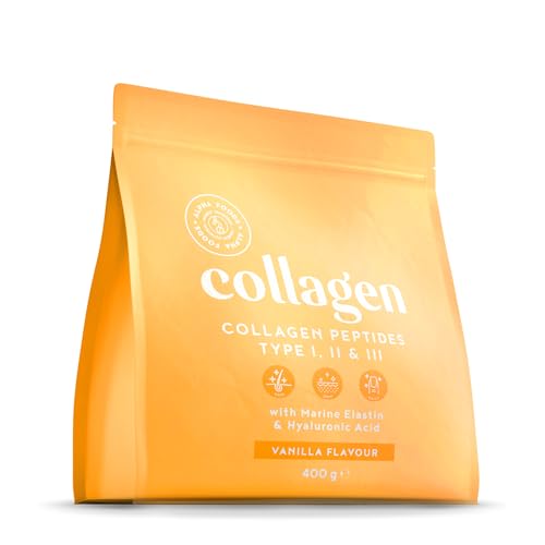 Colágeno en Polvo 400g | Péptidos de Colageno Hidrolizado con Acido Hialuronico y Elastina Marino | Collagen Peptides Tipos I, II, III | Sabor Vainilla | Alpha Foods