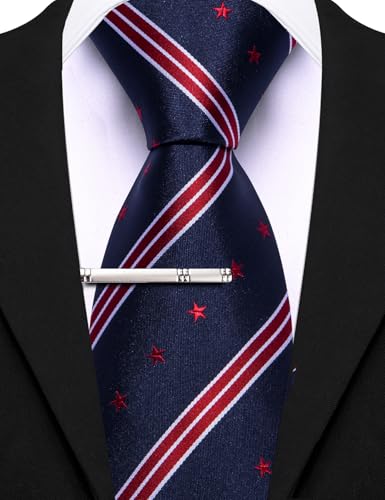 Image of Barry.Wang Mens Ties Extra Long Navy Blue Silk Striped Woven Necktie and Tie Clip Set Formal Business Wedding Festival